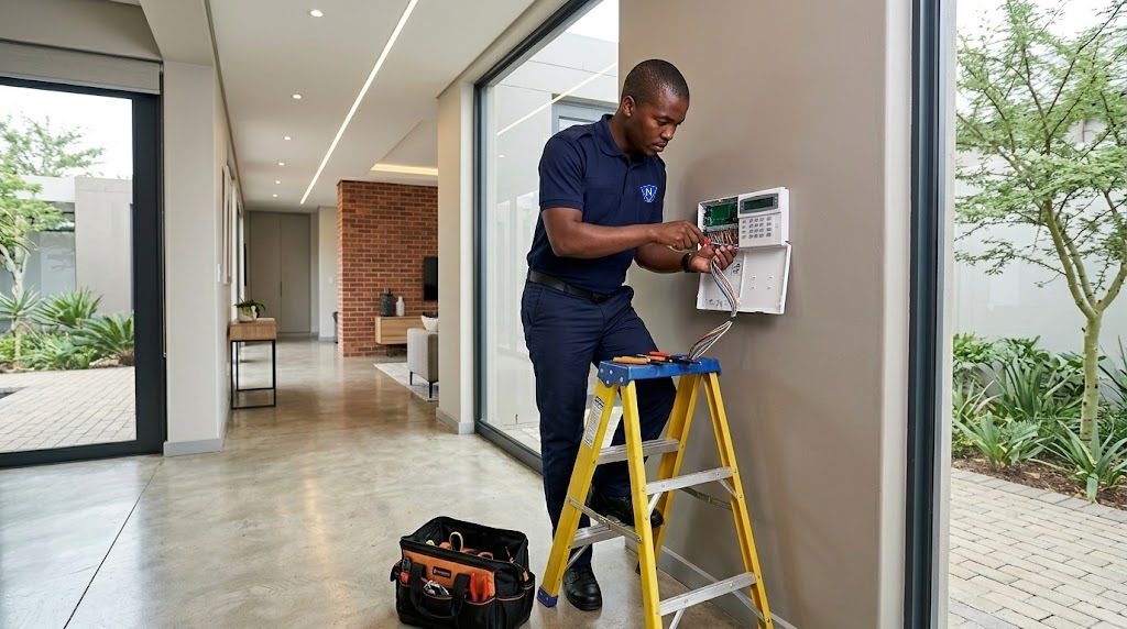 Ngwasheng technician installing an alarm panel