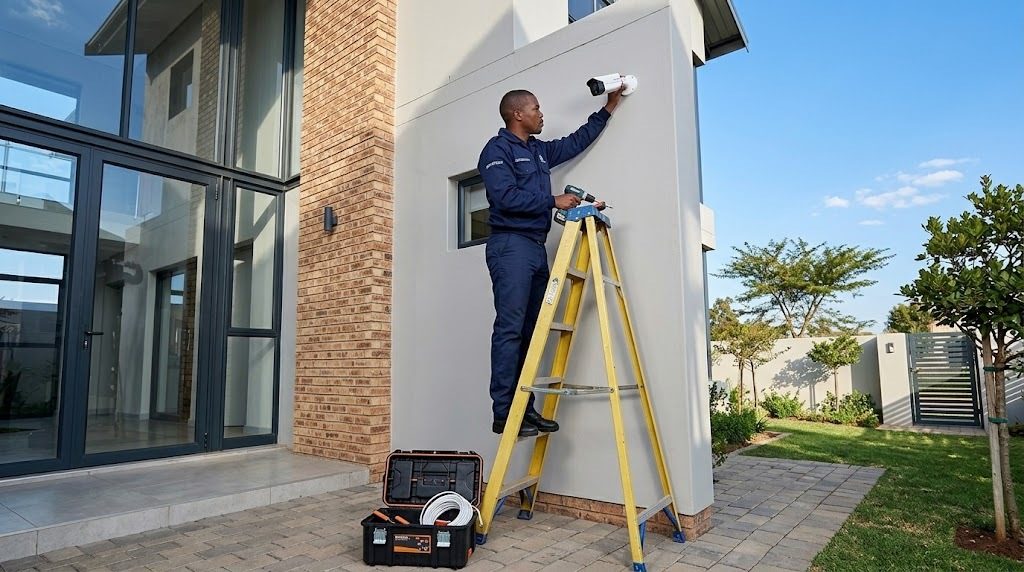 Technician installing a CCTV camera on a house