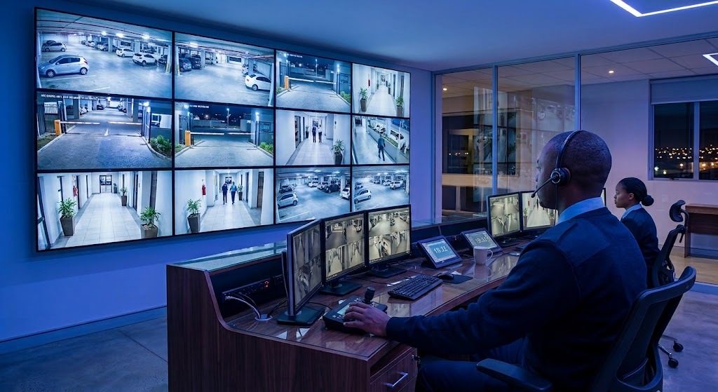 Control room operator watching CCTV feeds