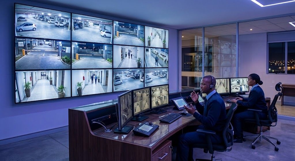 CCTV control room with a video wall and two operators
