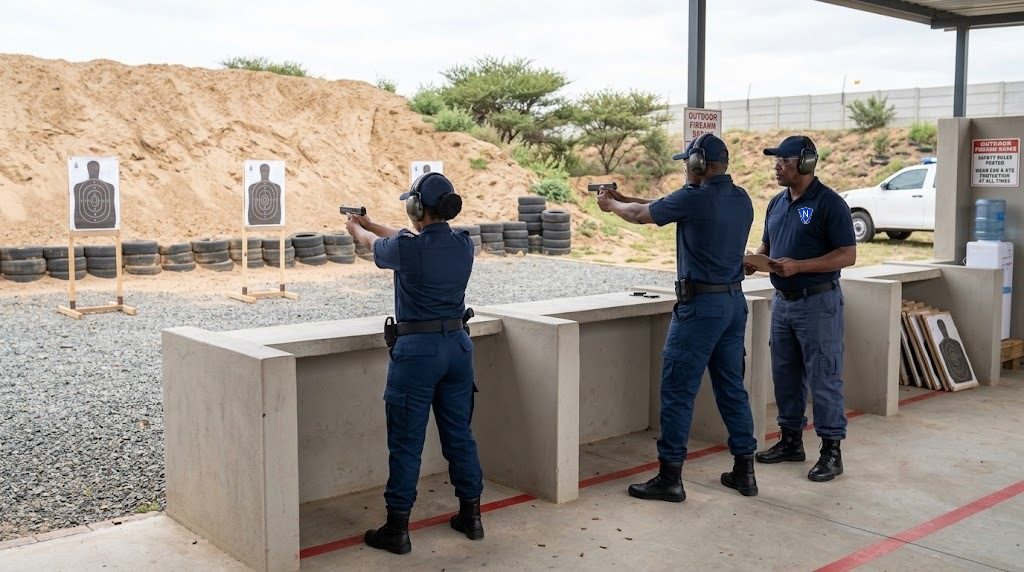 Trainees practising at an outdoor firearm range