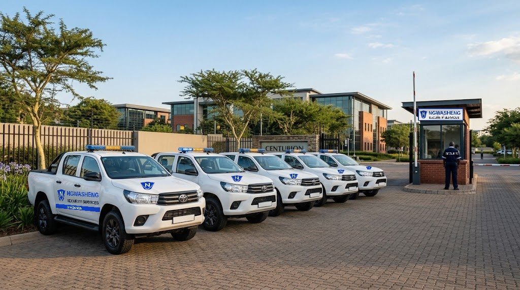 Row of branded Ngwasheng patrol vehicles