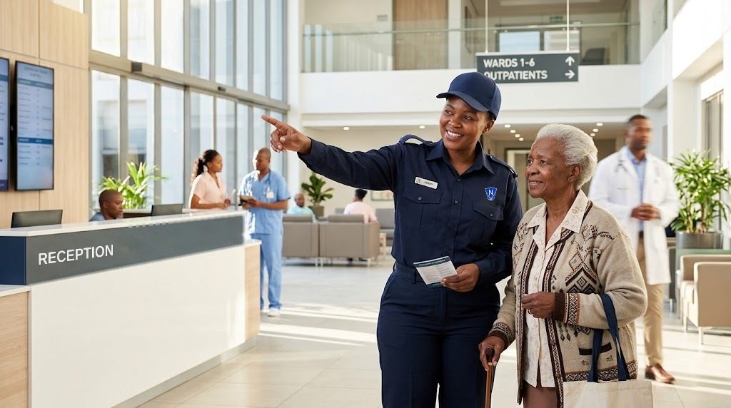 Officer helping an elderly visitor in a hospital