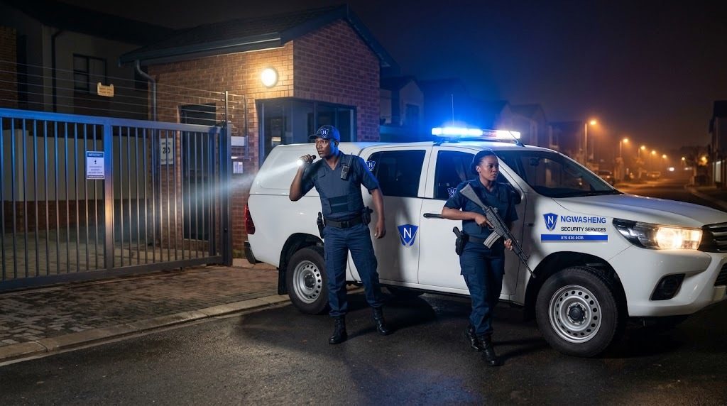 Ngwasheng armed response officers arriving at a residential gate at night